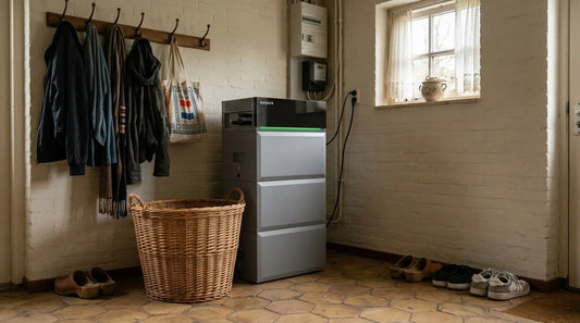 Moderne Nederlandse woning met stekkerbatterij in geventileerde ruimte en duidelijke veiligheidscontext After H2 “Waar thuisbatterij brandgevaar echt ontstaat”