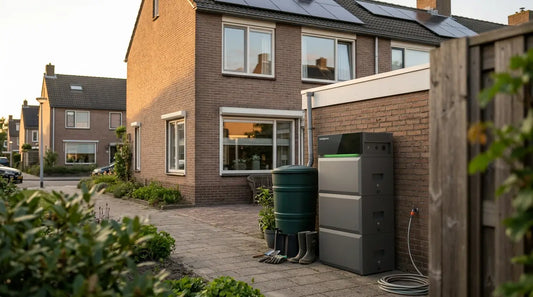 Moderne Nederlandse woning met zonnepanelen en thuisbatterij voor dynamische energieprijzen