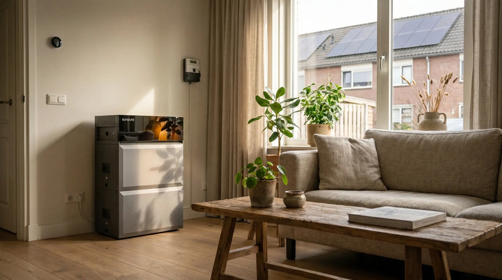 Compact battery storage in a home with solar panels and compatible metering