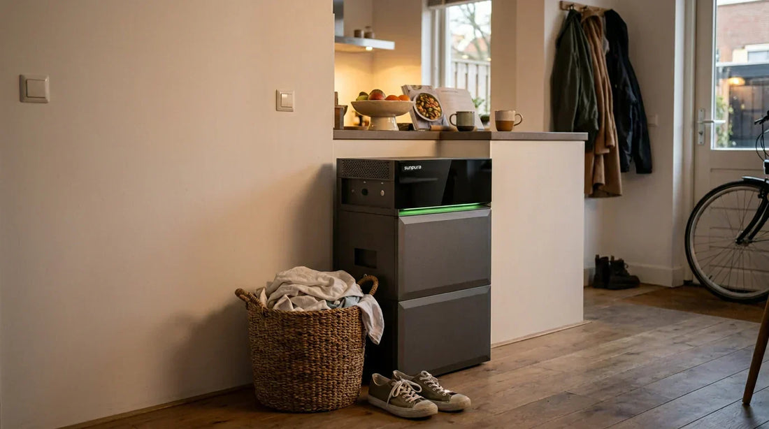 Huishouden bekijkt dynamische stroomprijzen naast een compacte plug-in thuisbatterij zonder zonnepanelen